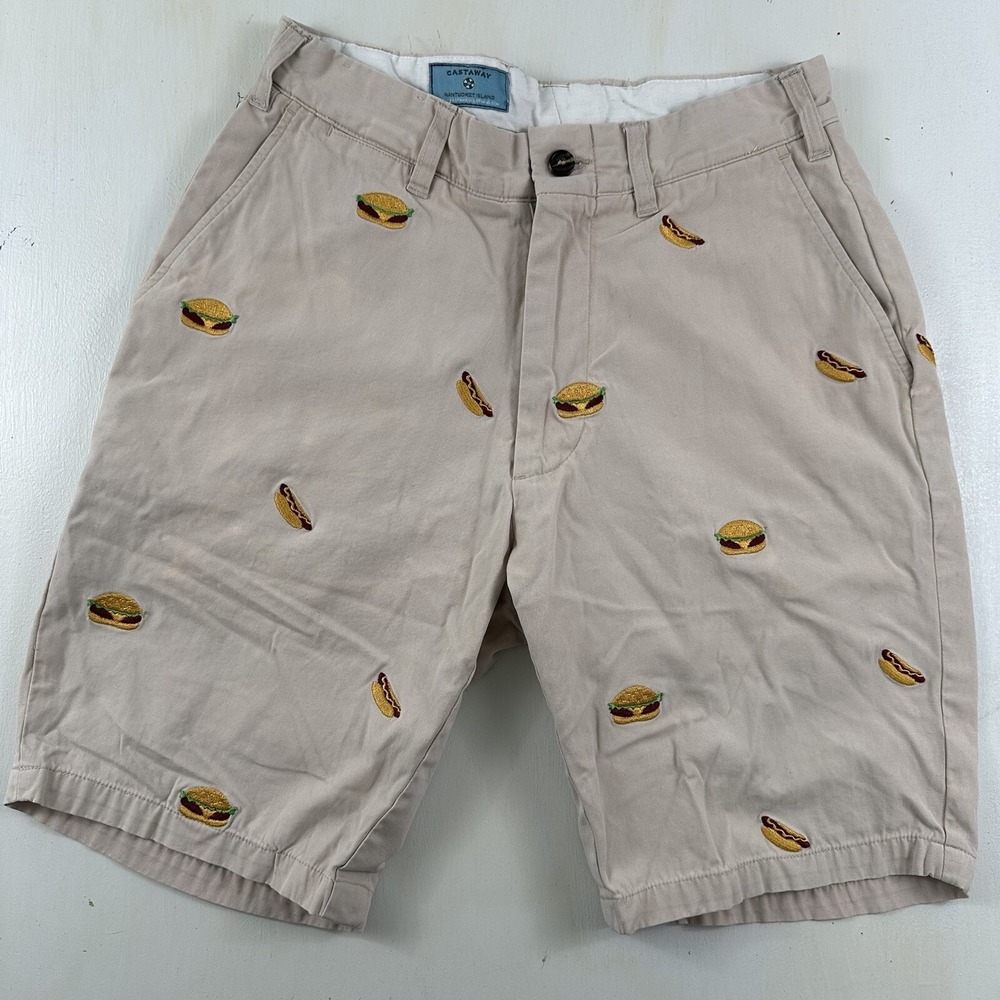 Castaway Hotdog Hamburger Embroidered Shorts Mens 28 Beige Tan Cotton Golf Chino